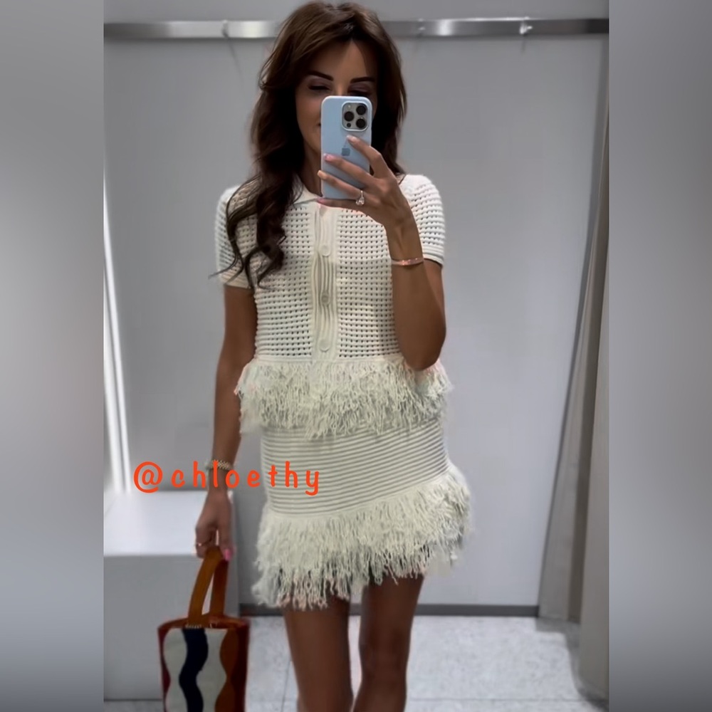 Zara FRINGED CHECK KNIT SKIRT